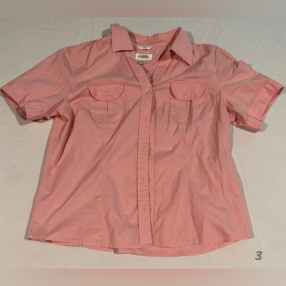 Salmon/pink short sleeve button-up blouse | Talbots | Large